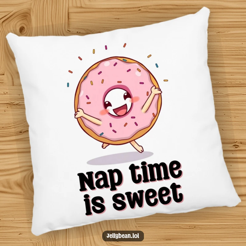 Funny pillow featuring a grinning donut character in a cartwheel pose with sprinkles flying, offering comfort and comedic charm.