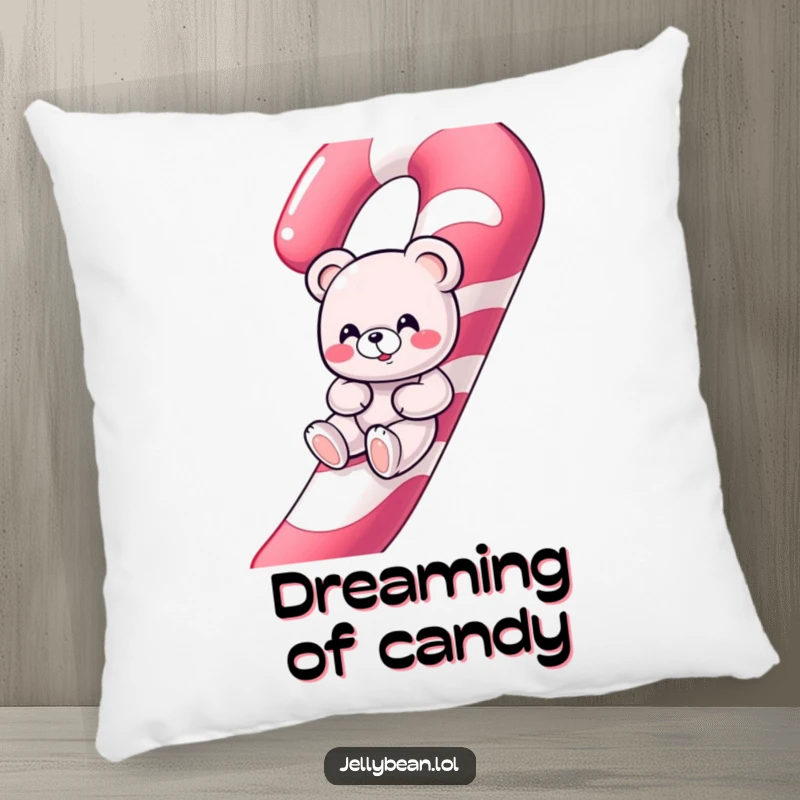 Funny giggling gummy bear character sliding down a giant candy cane on a soft, plush pillow.