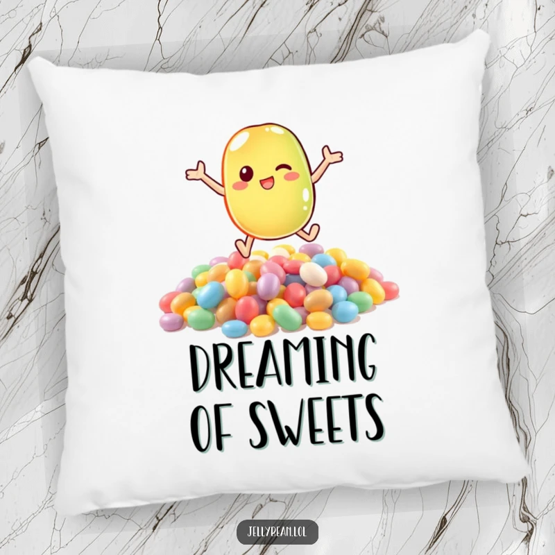 Funny pillow with a cute anthropomorphic jelly bean character diving headfirst into a delightful mound of colorful, sugary candies.