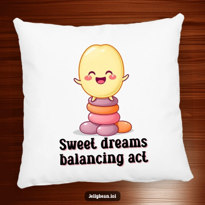 Funny pillow with a grinning jelly bean character balancing on a stack of sweets, offering both comfort and a dose of sweet humor.