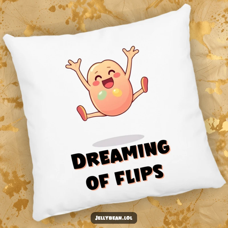 Funny Pillow: An anthropomorphic jelly bean character performs a cartwheel with joy. A cute and humorous accent pillow for a cheerful room.