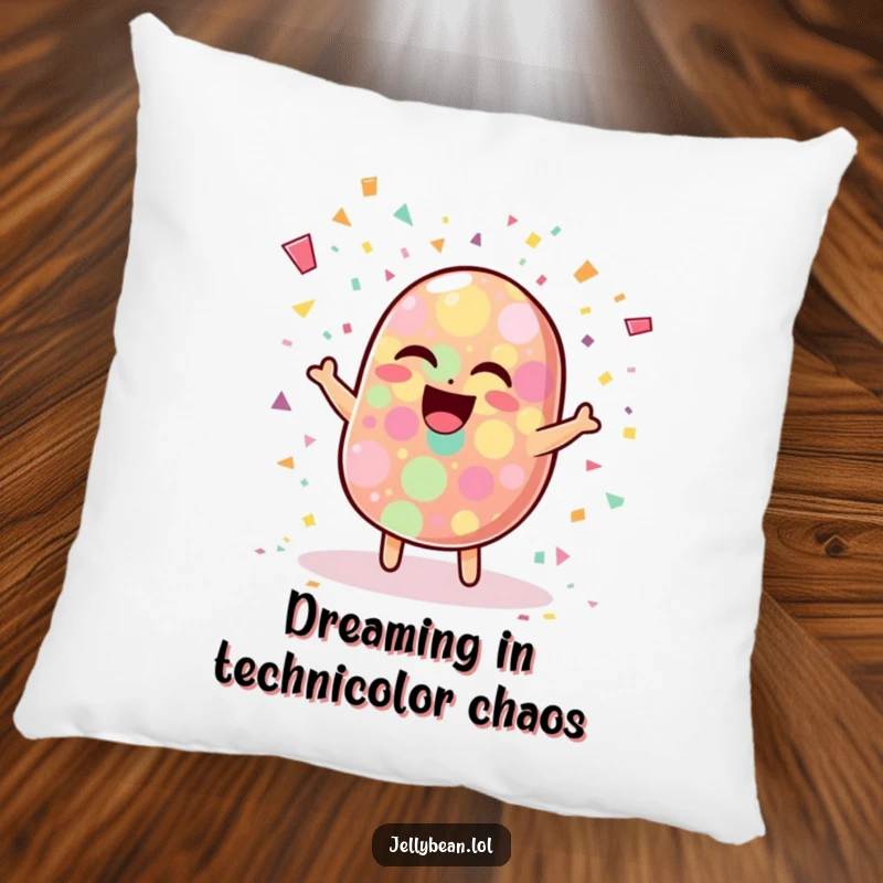 Funny pillow with a wobbly jelly bean character laughing heartily, engulfed in a celebratory burst of colorful confetti, ideal for cozying up.