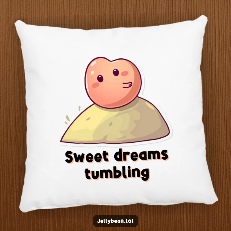 Funny Pillow: Giggling jelly bean character rolling down a hill, adding sweet and silly charm.