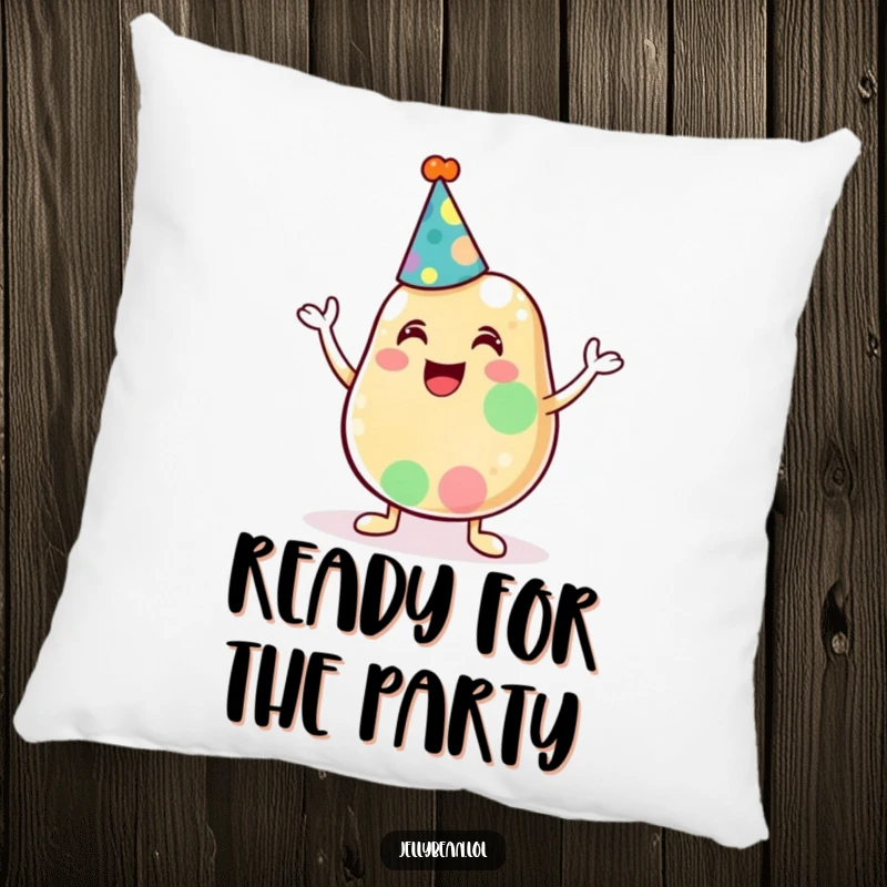 Funny pillow with a cute anthropomorphic jelly bean wearing a party hat, radiating happiness and festive spirit.