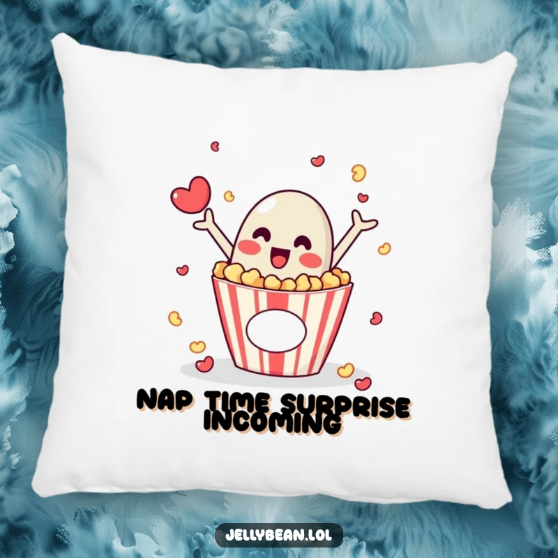 Funny pillow designed with a jelly bean character popping enthusiastically from a popcorn box, perfect for cozy seating.