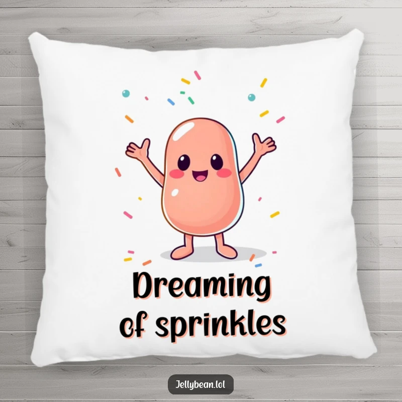 Funny pillow featuring a happy anthropomorphic jelly bean catching falling sprinkles with its arms, offering a cozy and humorous decorative accent.