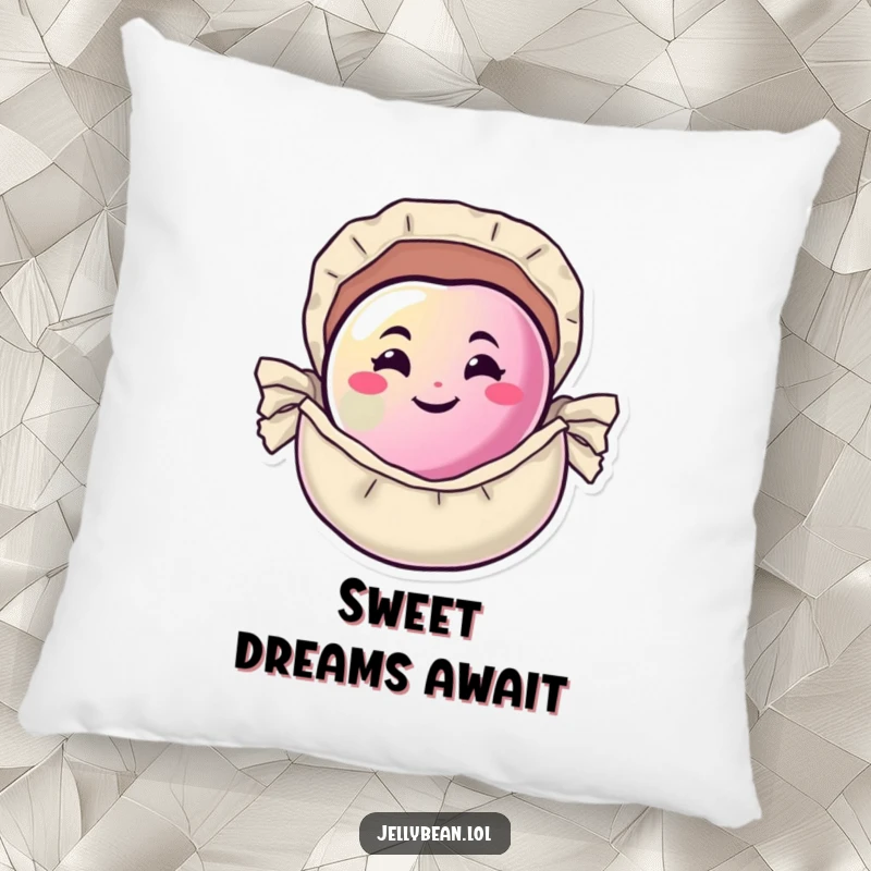 Funny Pillow depicting a happy jelly bean with a mischievous grin, cleverly hidden inside a tiny candy wrapper for a playful look.