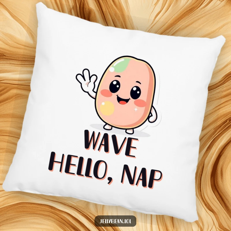 Funny jelly bean pillow featuring a jolly character giving a friendly wave, offering comfort and a dose of warmth, a soft and funny gift.