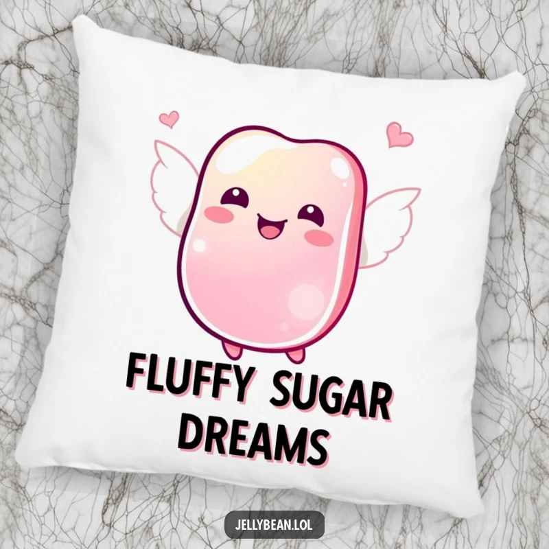 Funny pillow depicting a jubilant jelly bean with tiny wings joyfully flying, offering soft cheer.