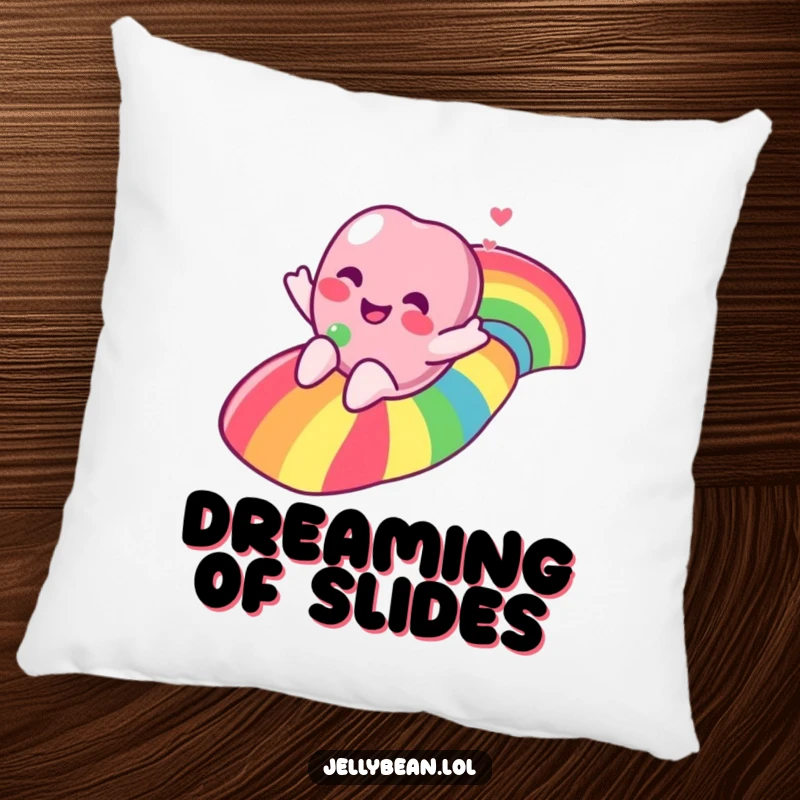 A soft pillow featuring a funny jelly bean character joyfully sliding down a rainbow, perfect for cozying up with.