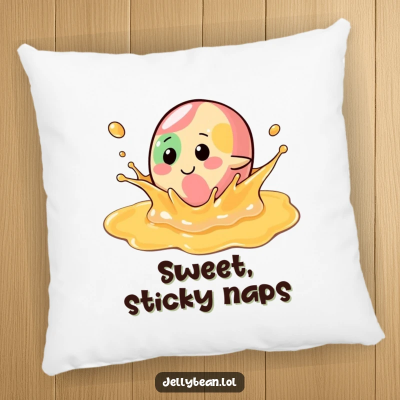Funny Pillow: A jelly bean character playfully splashes in syrup, offering a soft, comfortable, and humorous accent for any space.