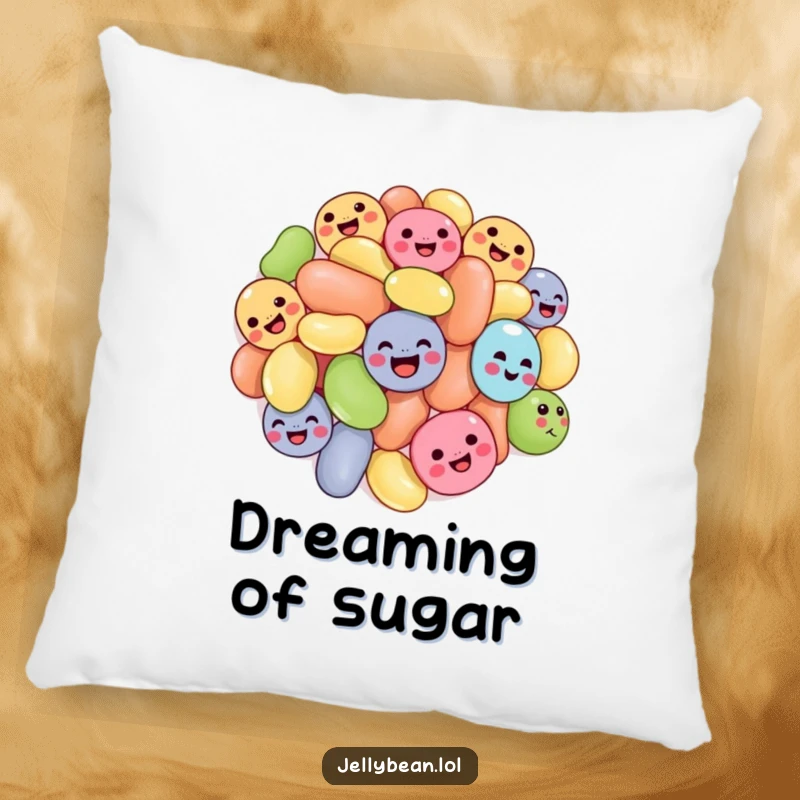 Funny tumbling jelly beans pillow featuring a cluster of jelly beans with joyful expressions, tumbling, offering a soft and comical decorative element.