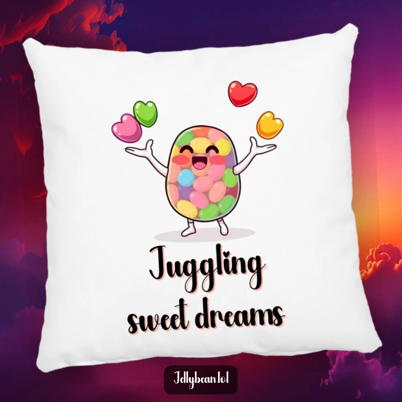 Funny Pillow: An anthropomorphic jelly bean character juggles smaller jelly beans skillfully. A cute and humorous accent pillow for a focused room.