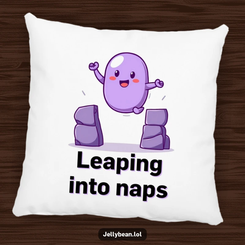 Funny purple jelly bean pillow showing a heroic leap over a gap, offering dynamic and funny comfort.
