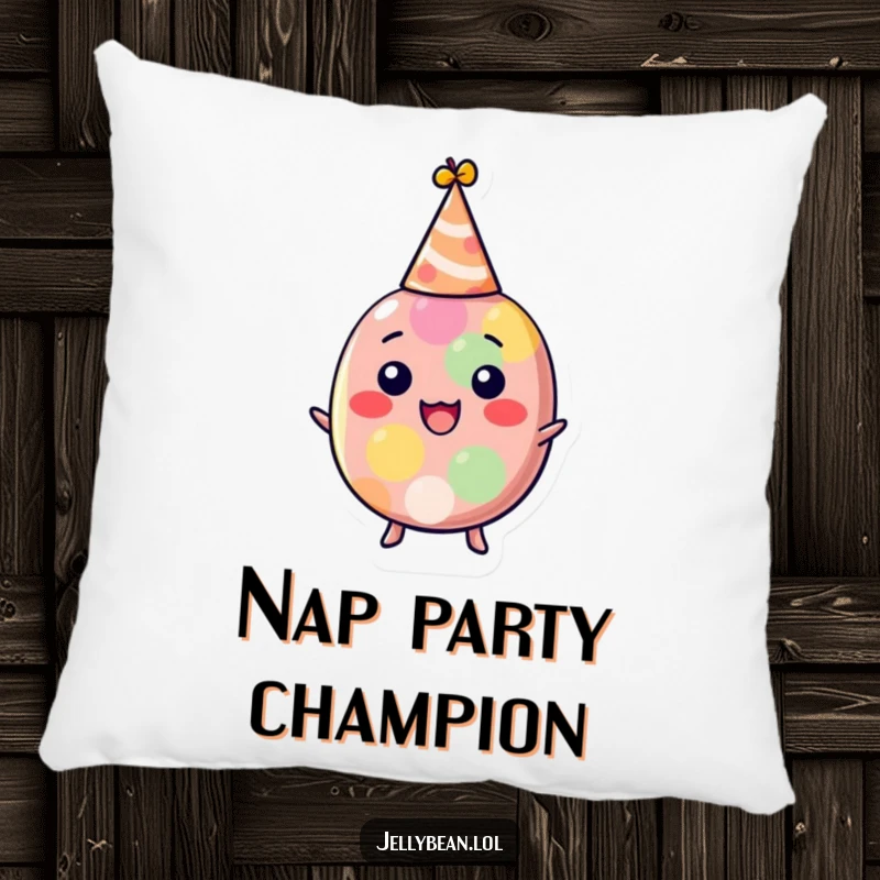 Funny jelly bean pillow featuring a delighted character in a party hat, offering comfort and cheer, a soft and humorous decorative item, perfect funny gift.
