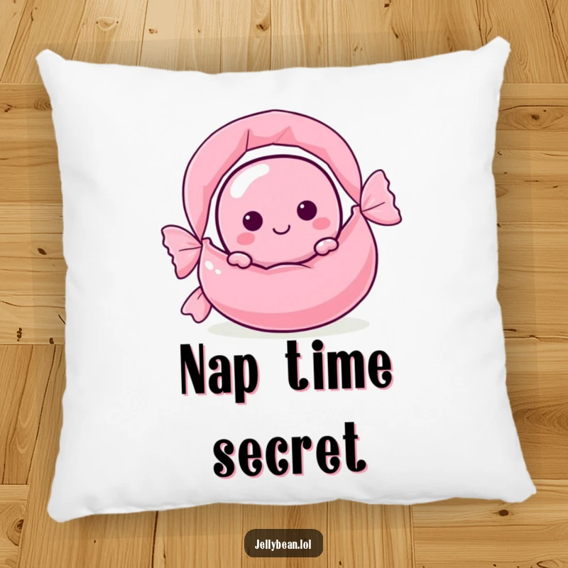 A soft pillow featuring a funny jelly bean character peeking from behind a large candy wrapper, bringing comfort and cheer.