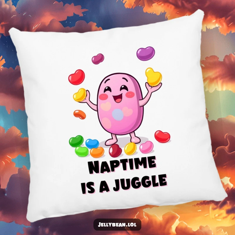 Funny pillow with a cheerful jelly bean character gleefully juggling colorful smaller jelly beans, providing a soft spot for playful relaxation.