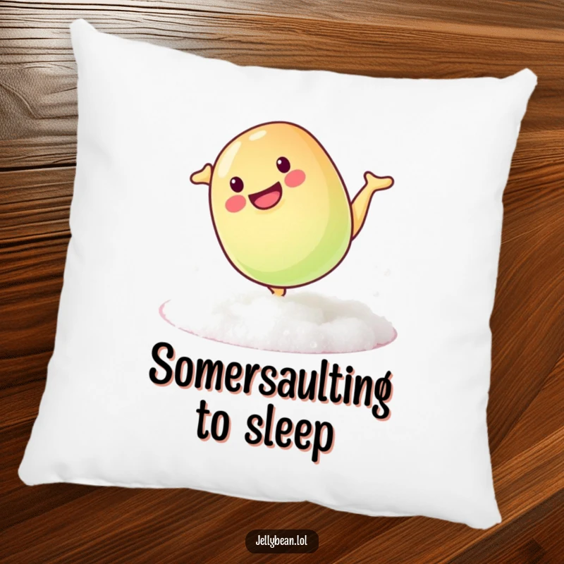 Funny pillow depicting a mischievous jelly bean doing a playful somersault on sugar, offering soft, sweet cheer.