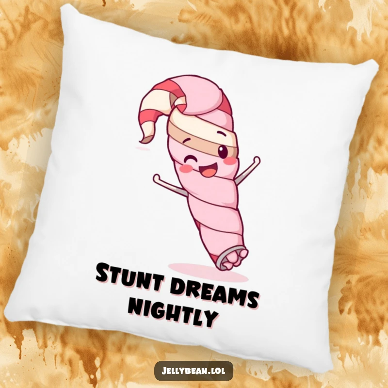 Funny decorative pillow featuring a happy licorice whip character mid-silly stunt, offering comfort and playful charm.