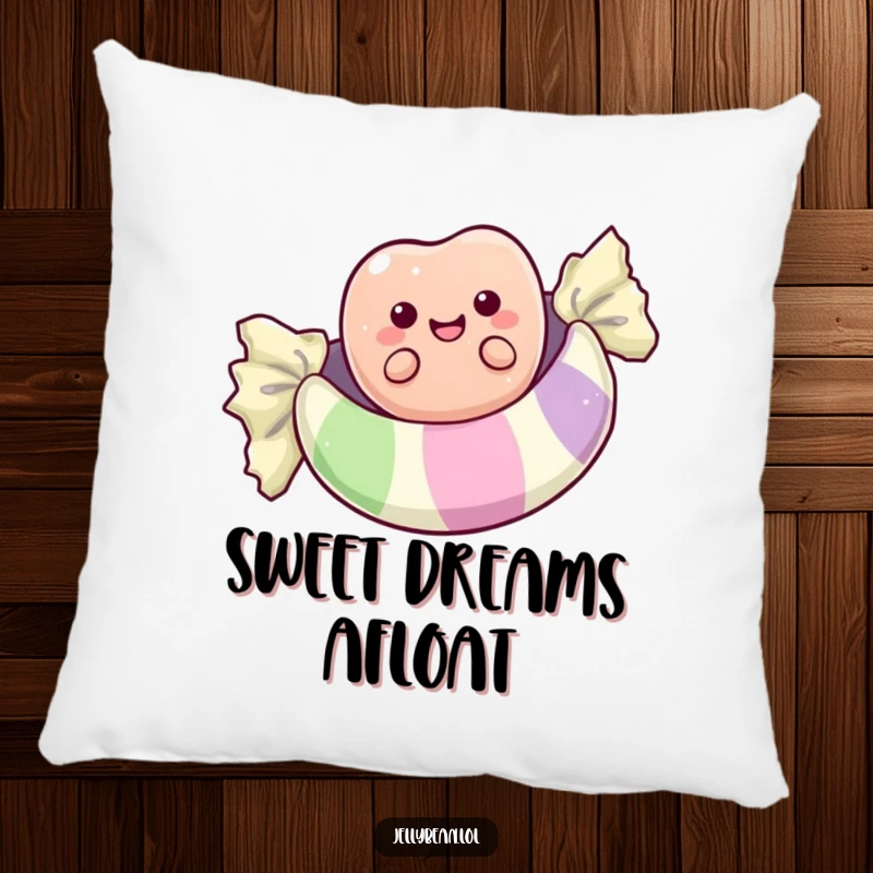 Funny pillow featuring a happy anthropomorphic jelly bean floating on a candy wrapper, providing a soft and humorous decorative element.