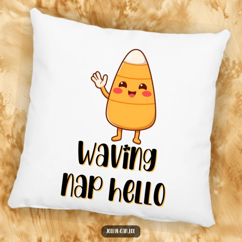 Funny Candy Corn Pillow featuring a sweet character waving hello, perfect for adding cozy charm and humor to your space.