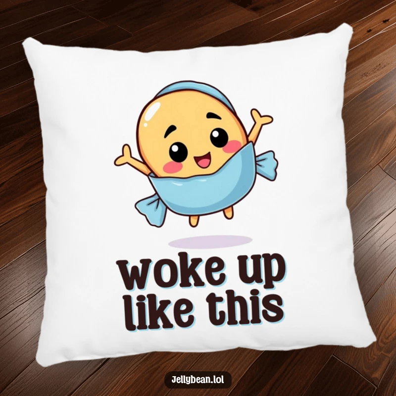 Funny plush pillow featuring a jelly bean with a funny face jumping out from a candy wrapper, soft and humorous.