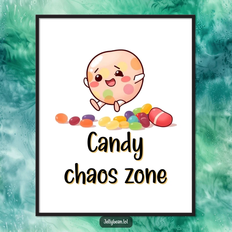 Funny Digital Art Print of a jelly bean character comically slipping on scattered candy, capturing a moment of hilarious misfortune.
