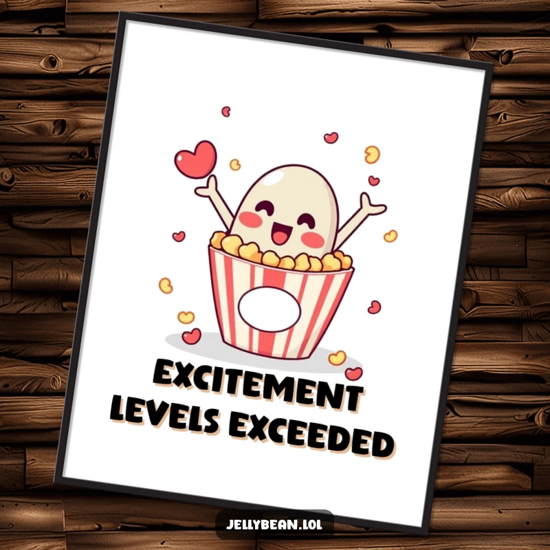 Funny digital art print of a jelly bean character excitedly popping out of a popcorn box, ideal for vibrant decor.