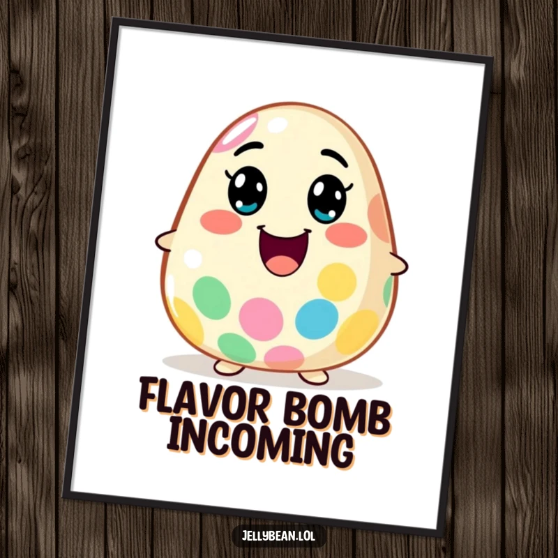 Funny Digital Art Print: A jelly bean character explodes with flavor and a wide smile, offering instant energetic and humorous decor.