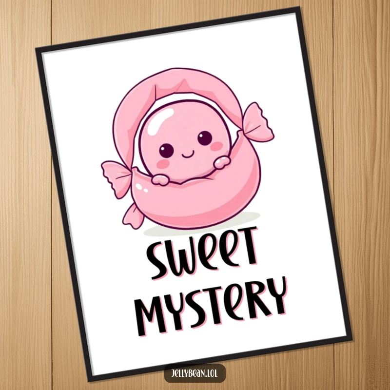 Funny jelly bean character peeking from behind a giant candy wrapper, captured in a high-resolution digital art print.