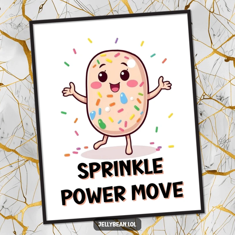 Funny Digital Art Print: A jelly bean character dances amidst rainbow sprinkles, offering instant energetic and humorous decor.
