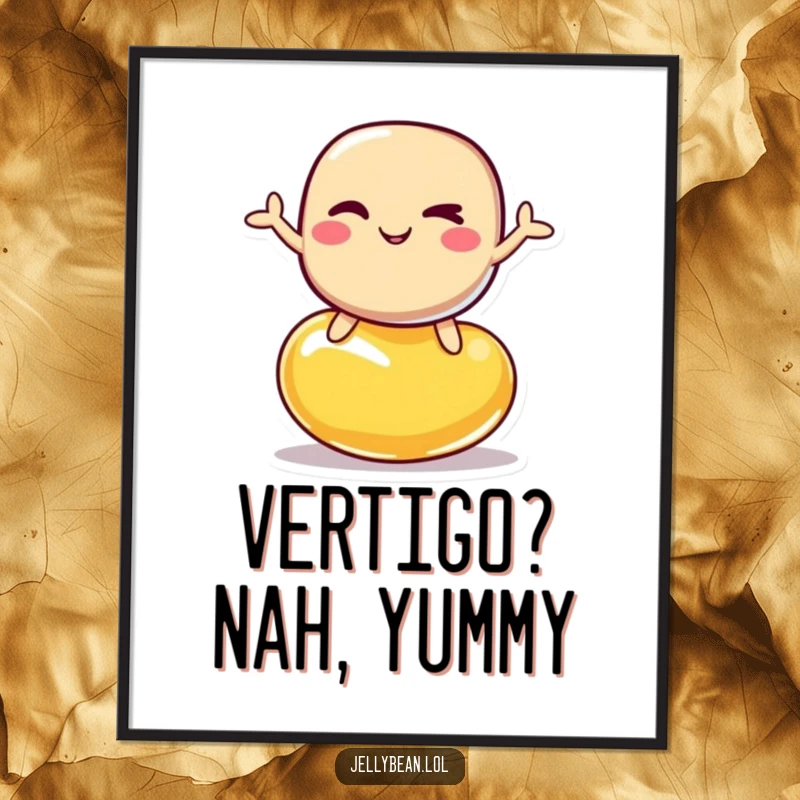 Funny digital art print of a jelly bean character winking while balancing on another jelly bean, for instant download.