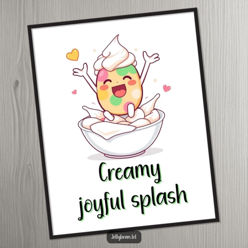 Funny digital art print of a jelly bean character leaping into whipped cream with delighted abandon, perfect for sweet decor.