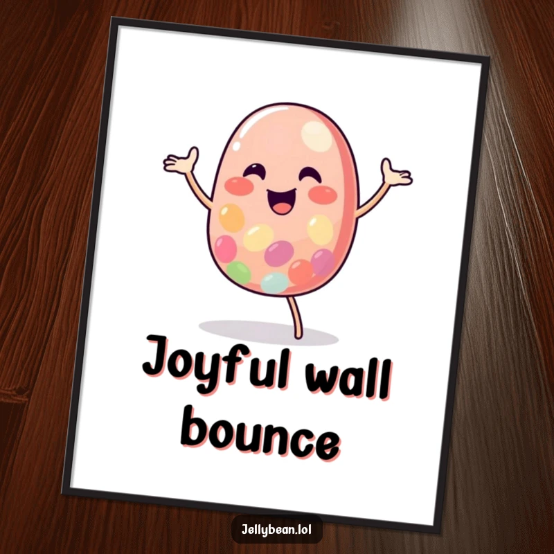 Funny Jelly Bean Digital Art Print showcasing a cheerful character performing an energetic happy dance, perfect for vibrant wall decor.