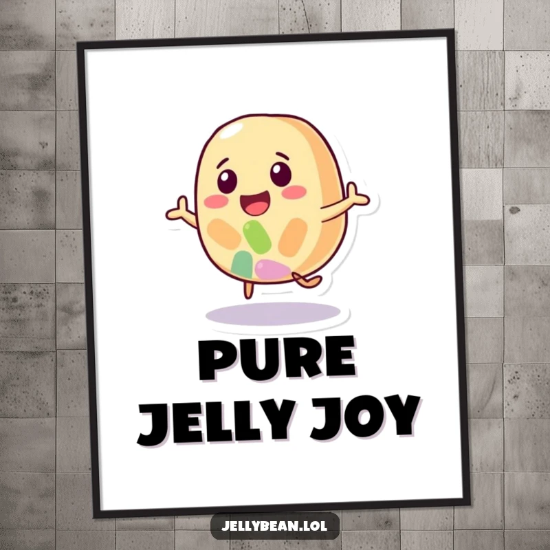 Funny digital art print of a happy jelly bean character in an energetic bounce, radiating sweetness, joy, and playful fun.