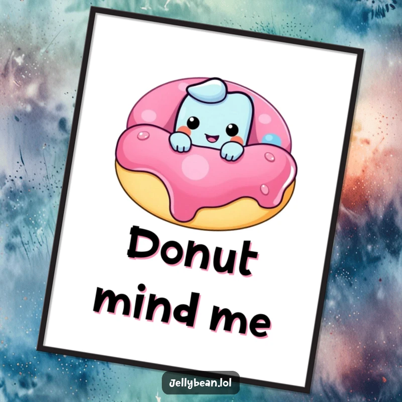 Funny digital art print of a mischievous jelly bean character peeking over a giant donut, ready to bring instant humor and charm.