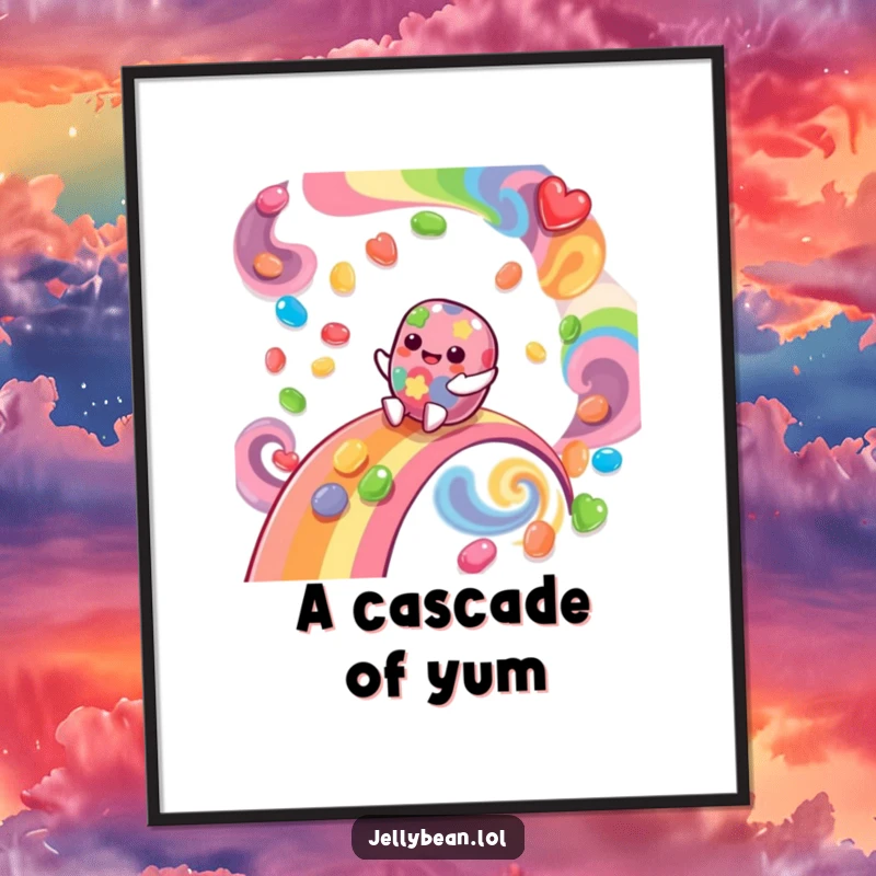 Funny Digital Art Print of a giggling jelly bean character sliding down a rainbow made of swirling flavors, capturing whimsical delight.