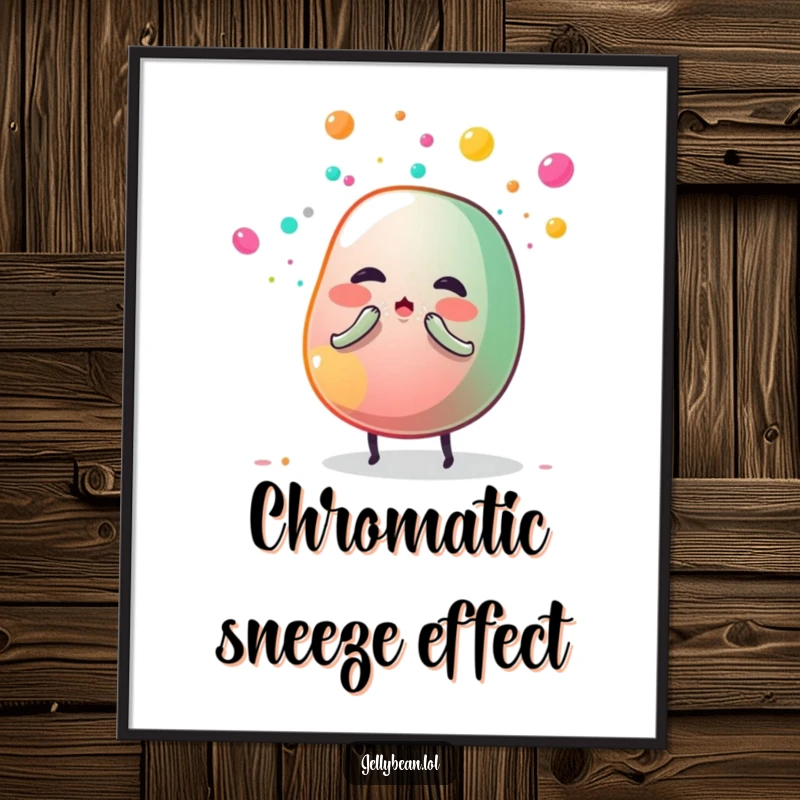 Funny digital art print of a jelly bean character sneezing a vibrant cloud of sugar dust, a whimsical and humorous piece for decor.
