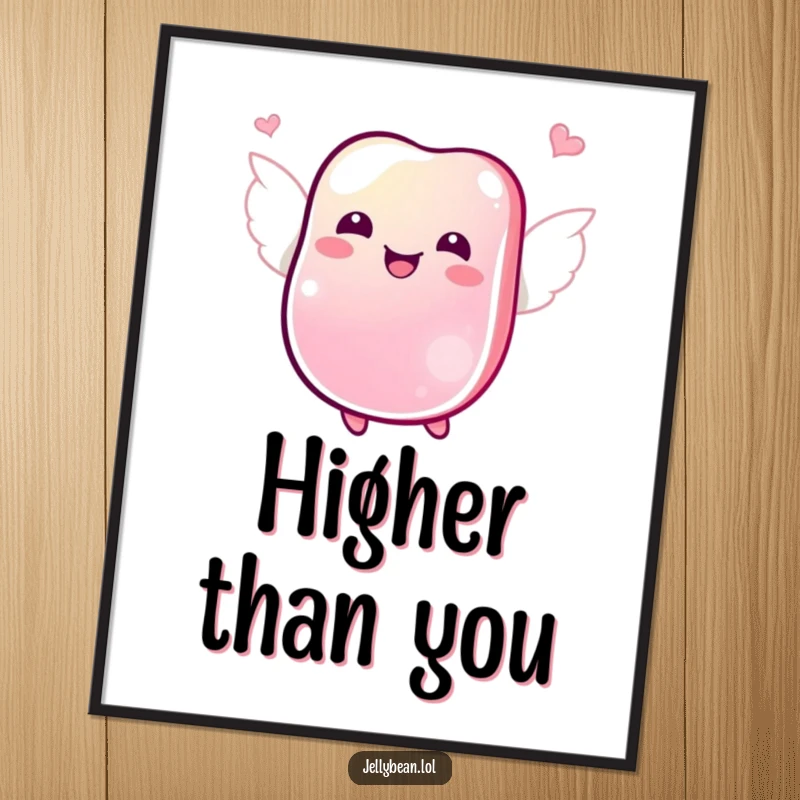 Funny digital art print of a jubilant jelly bean with tiny wings joyfully fluttering, conveying sweet happiness.