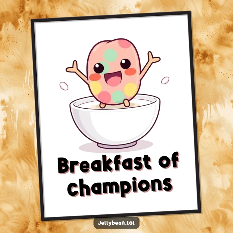 Funny jelly bean digital art print of a playful character leaping into milk, capturing a moment of energetic fun and humor, a downloadable humorous decor piece.