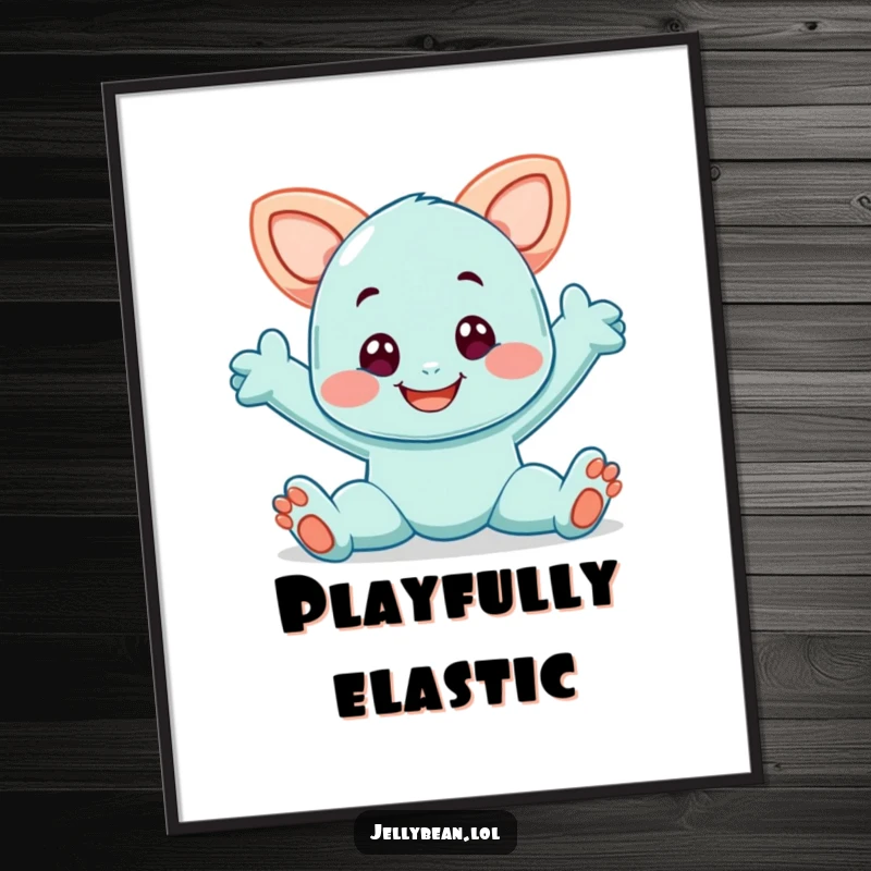 Funny digital art print of a smiling taffy character in a playful stretch, creating an instant, flexible, and cheerful wall decoration.