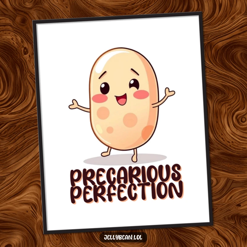 Funny jelly bean digital art print of a wobbly character trying to balance, capturing a humorous struggle and the charm of imperfection, a humorous decor piece.