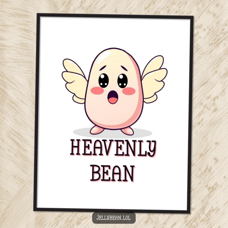 Funny digital art print of a jelly bean character with a surprised expression sprouting wings, capturing whimsical, funny transformation. Ideal funny gift.