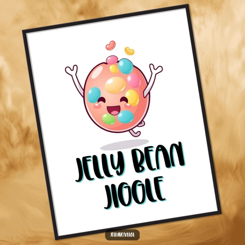 Funny digital art print of a joyful anthropomorphic jelly bean character gleefully bouncing on its head, perfect for immediate download and display.