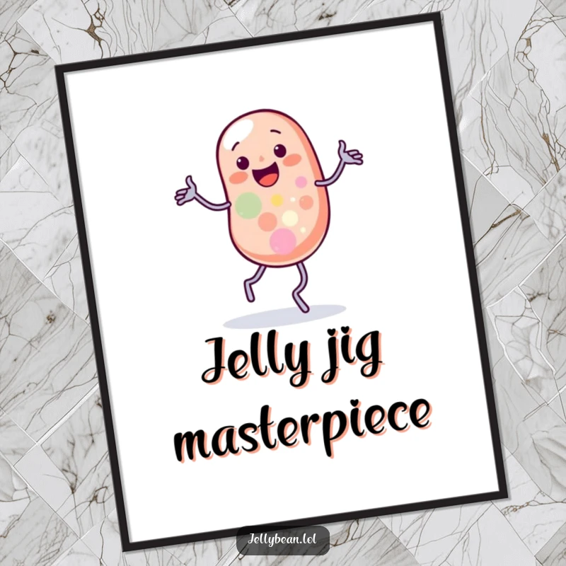 Funny digital art print of a jelly bean character doing a silly jig with wobbling legs, full of cheerful motion.