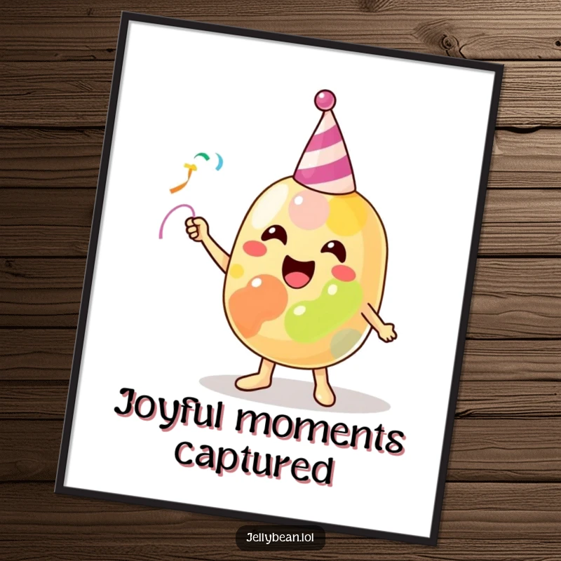 Funny Digital Art Print of a beaming jelly bean character joyfully throwing a tiny party streamer, capturing a moment of pure celebration.