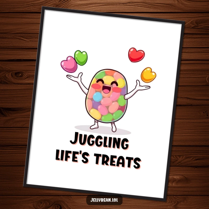 Funny Digital Art Print: An anthropomorphic jelly bean character juggles three smaller, colorful jelly beans skillfully. A charming and humorous illustration for instant download.