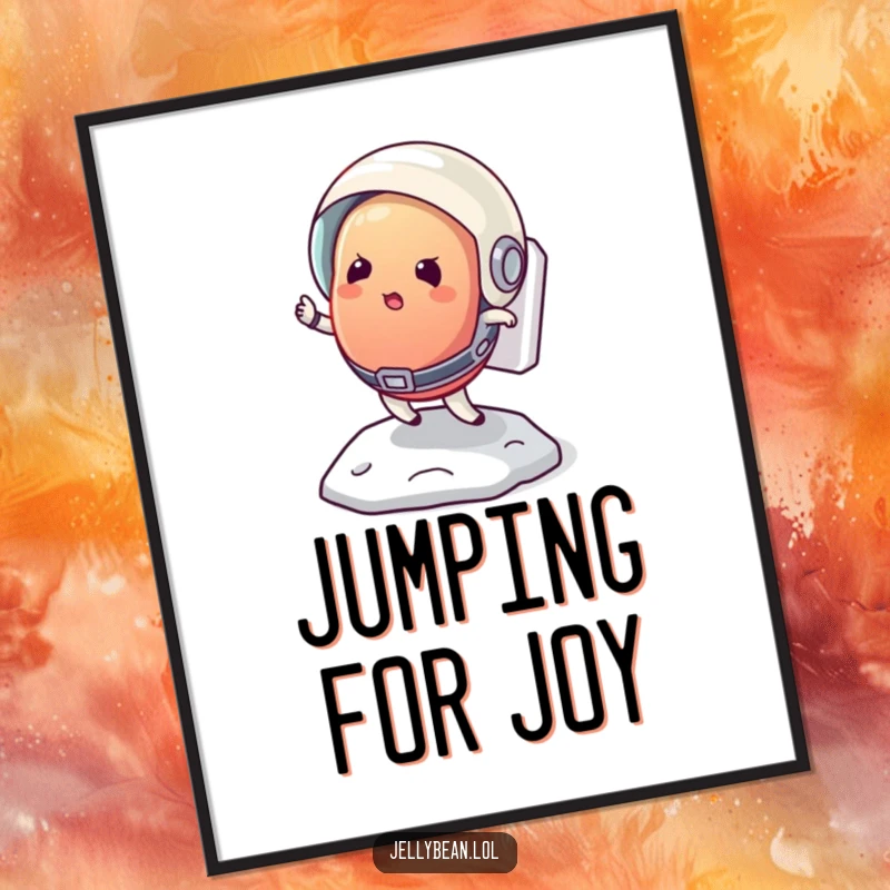 Funny digital art print of a determined jelly bean astronaut bouncing on the moon, conveying humorous space exploration.
