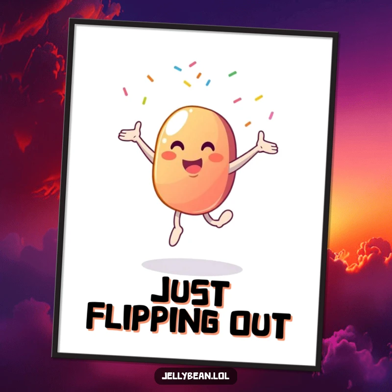 Funny digital art print of a smiling jelly bean character executing a lively cartwheel, surrounded by a dynamic burst of sprinkles.