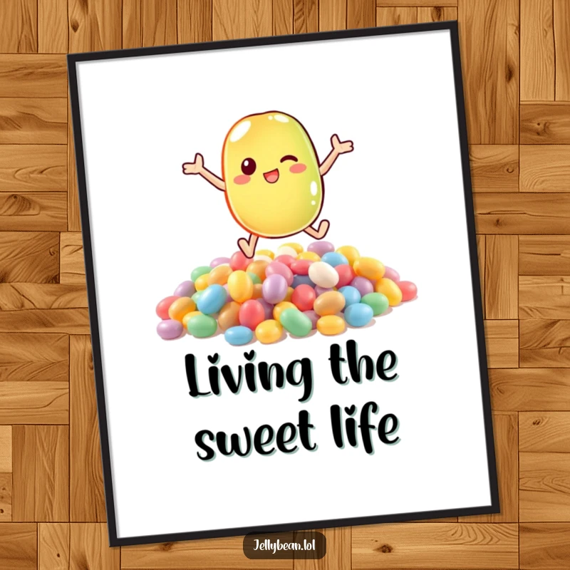 Funny digital art print of an anthropomorphic jelly bean character gleefully diving into a vibrant, overflowing mountain of candies.